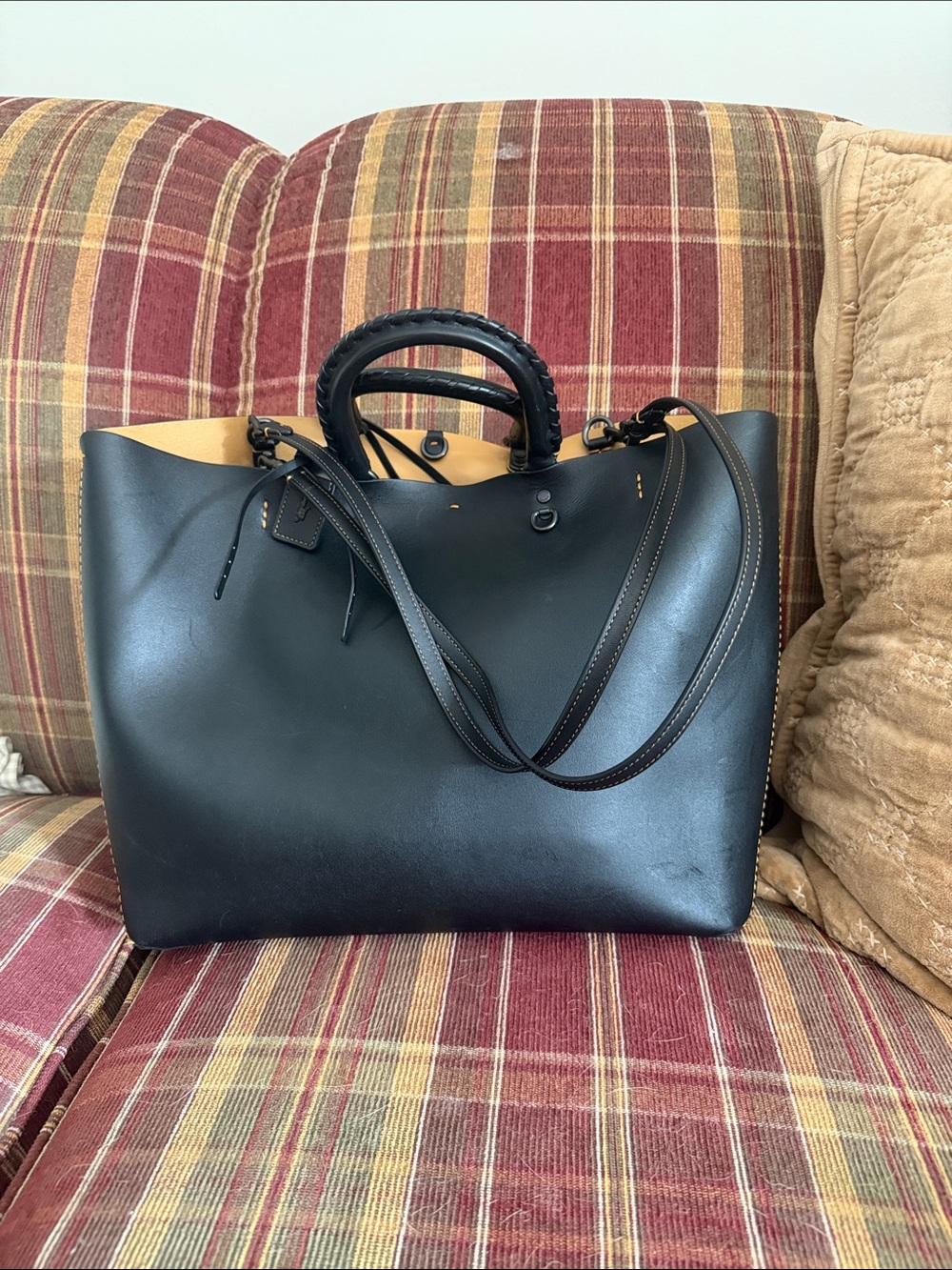 Coach Black Leather Tote with Braided Top Handles and Shoulder Strap